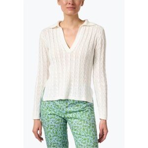 White + Warren Linen Cotton Off White Cable Knit V-Neck Collared Light Sweater